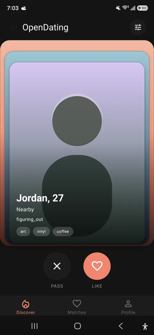 OpenDating discovery screen